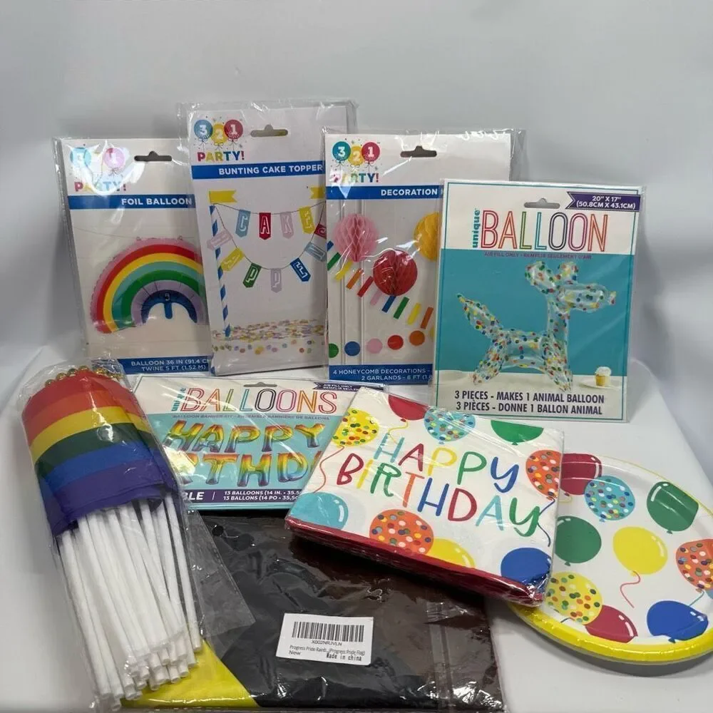 D39. Party Decorations- 9 piece birthday rainbow flags, progress pride flag, ass